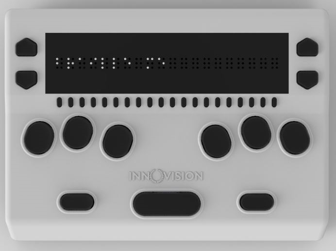 Foto van de bovenzijde van de Braille Me brailleleesregel met 20 zespunts braillecellen, een brailleklavier en functietoetsen.