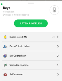Chipolo-app Keys scherm met verbindingsinfo en 'Laten Rinkelen' knop
