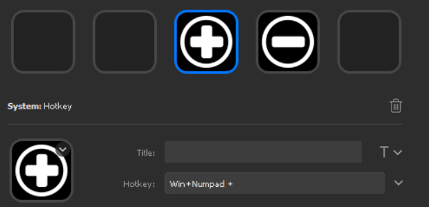 Stream Deck knoppen en venster met de instelligen voor hotkey-knoppen voor het verhogen en verlagen van de vergroting met het Windows Vergrootglas