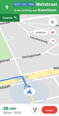 Routebegeleidingsscherm van Google Maps