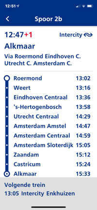 Het scherm met alle tussenstops