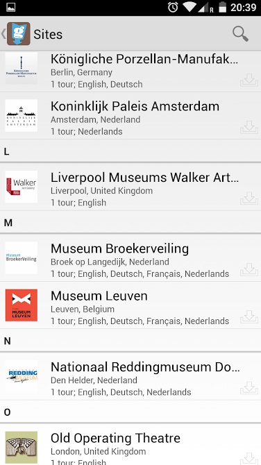 Podcatcher schermafbeelding overzicht musea met beschikbare audiotours