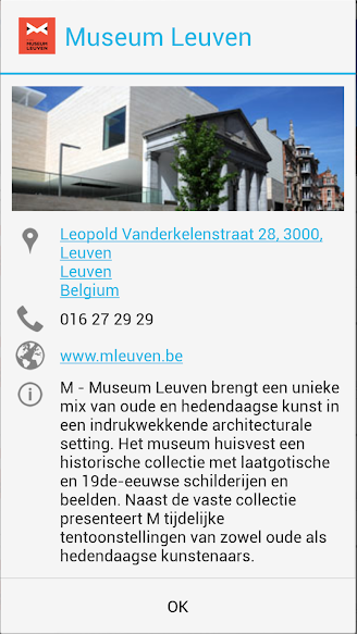 Voorbeeld scherm met informatie over museum Leuven