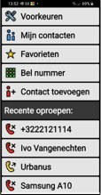 Menuscherm voor de telefoonapp