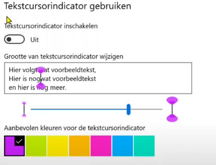 Venster om tekstcursorindicator aan te passen