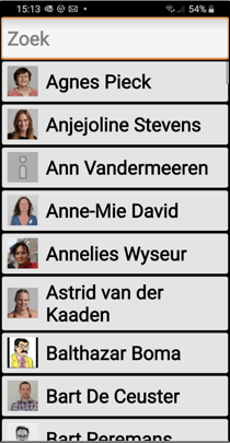 Menuscherm om contacten te zoeken in de telefoonapp
