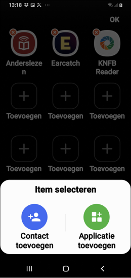 Aanpasmodus om contacten of applicaties aan het beginscherm toe te voegen 