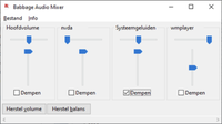 Het bedieningsvenster van de Audiomixer met telkens een setje schuifregelaars per geluidsbron: 
Hoofdvolume, NVDA, Systeemgeluiden, Windows Media Player