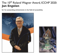 Jan Engelen zoals hij op de website van ICCHP getoond wordt bij de lijst van de winnaars van de Roland Wagner Award en ook een foto van de award zelf