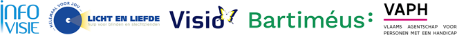 Logo's van redactiepartners Infovisie, Licht en Liefde, Visio, Bartimus en het Vlaams Agentschap voor Personen met een Handicap